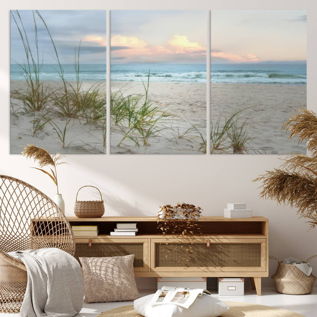 Flight Over Coastal Beach print on UV canvas displayed against white walls.