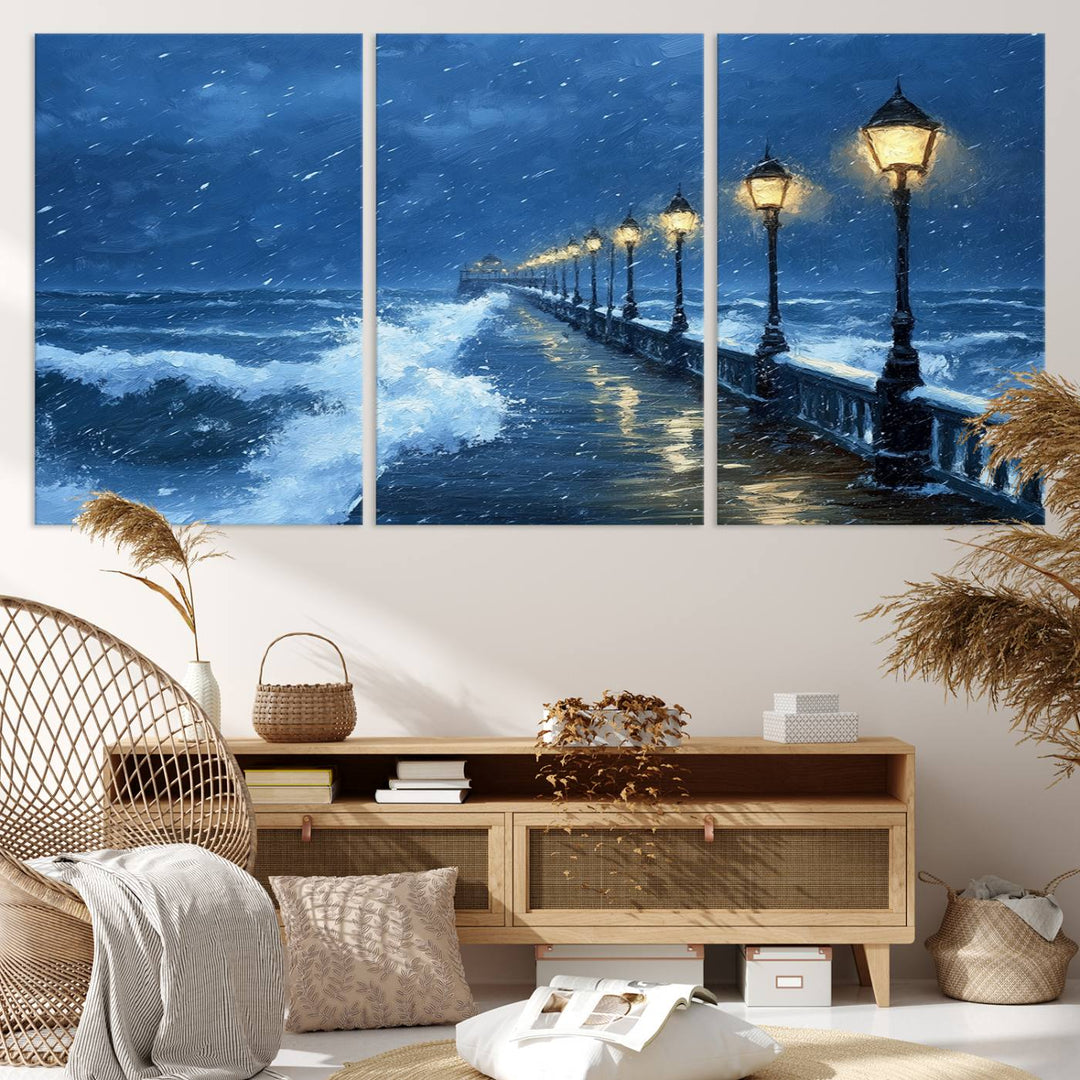 The Stormy Ocean Pier Lights Canvas Wall Art Print in the living room is a moody night scene that beautifully captures seaside landscapes with illuminated street lamps, creating a serene ambiance.