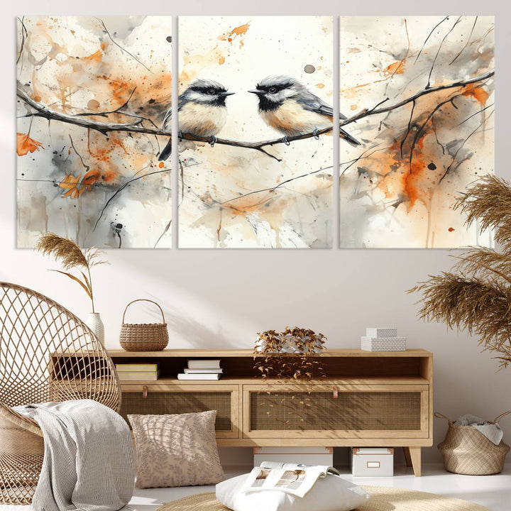 The living room features abstract watercolor chickadee bird art on the wall.