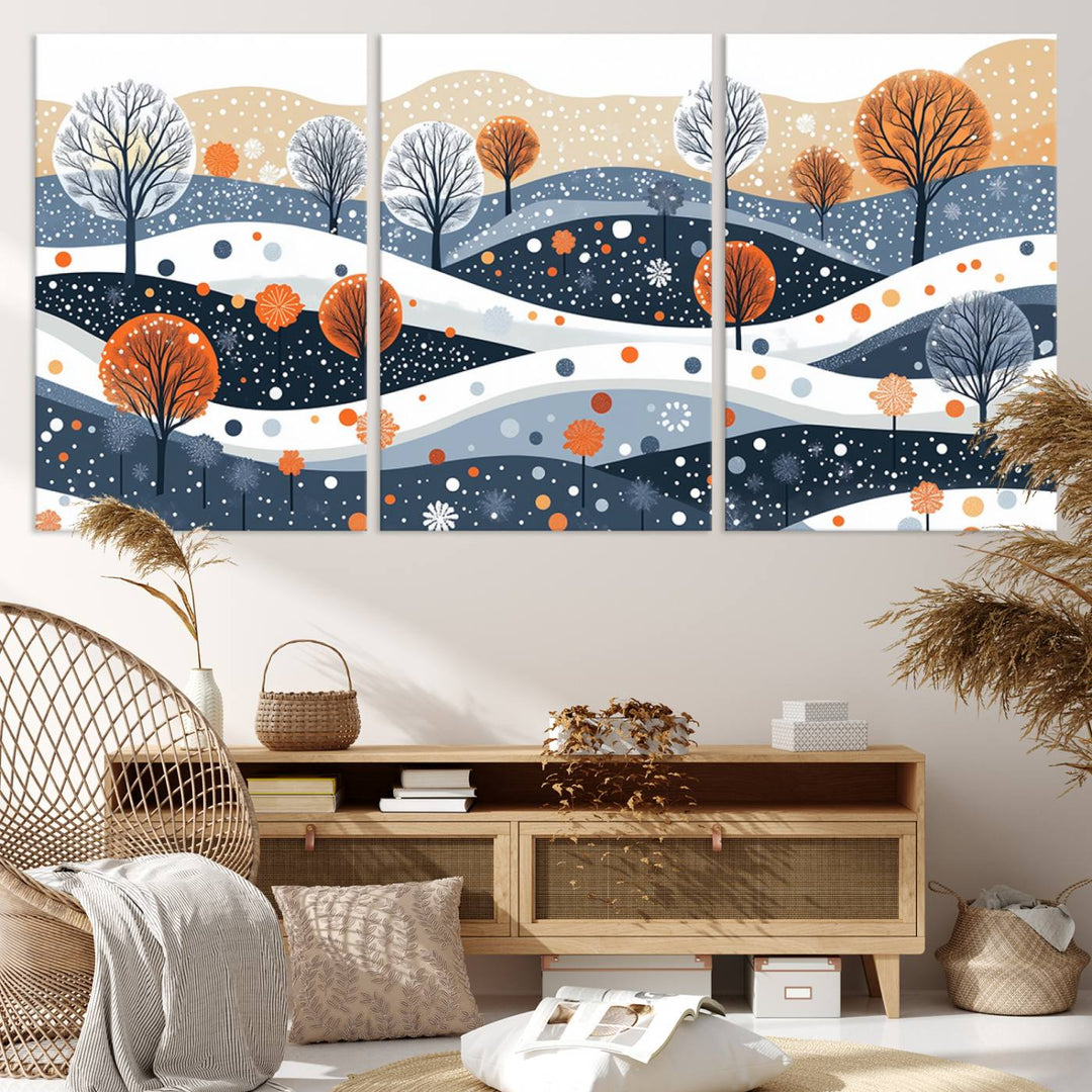 The "Abstract Winter Landscape Canvas Wall Art Print," featuring a triptych of landscapes with trees and hills in vibrant orange, white, and blue hues, adds a gallery-quality finish that transforms the space into an art lover's dream.