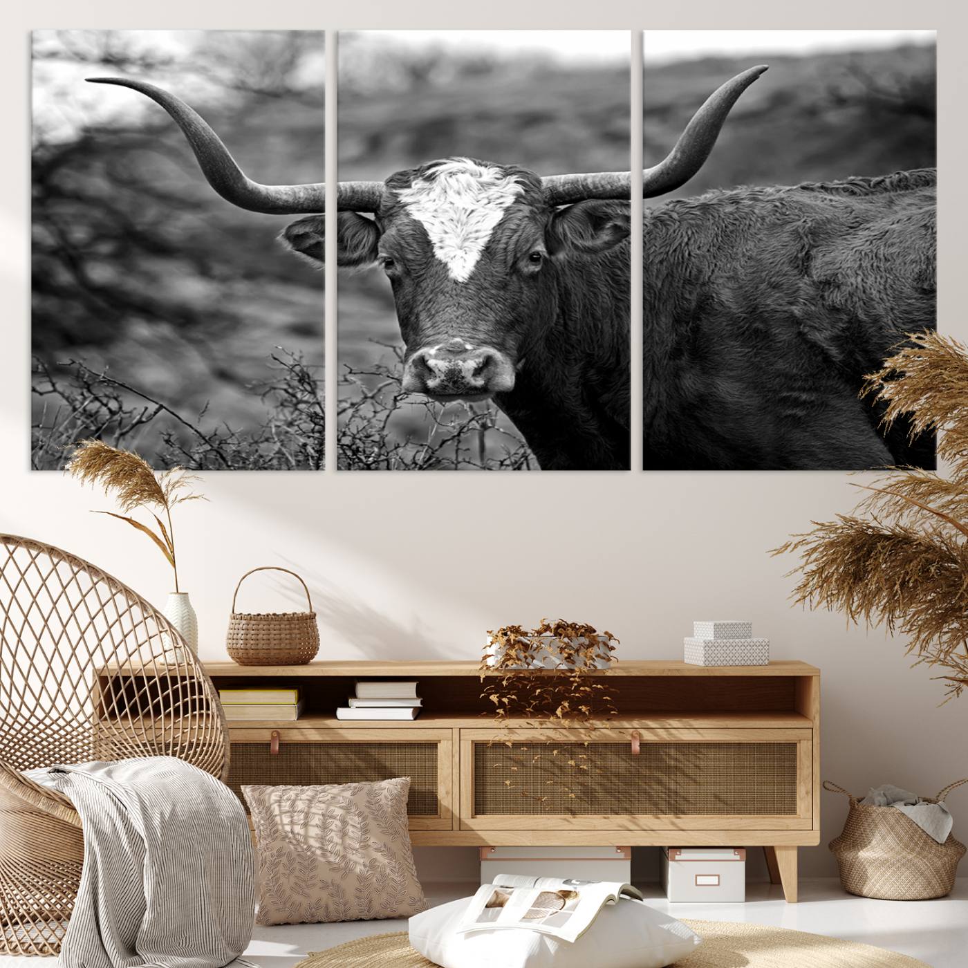 76200-MGV-CV-36X24-Western Home Wall Art Canvas Print, Framed Texas Longhorn Art Picture Print, Rustic Cow Perfect Rustic Farmhouse Decor Artwork