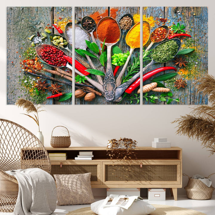 Vibrant Spoonful of Spices kitchen wall art canvas, a culinary triptych ideal for any dining room decor.