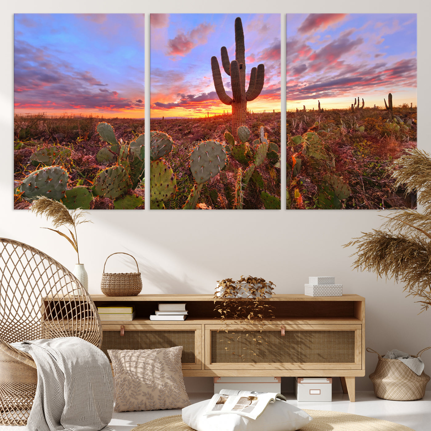 The Arizona Desert Sunset Wall Art Canvas Print hangs prominently.