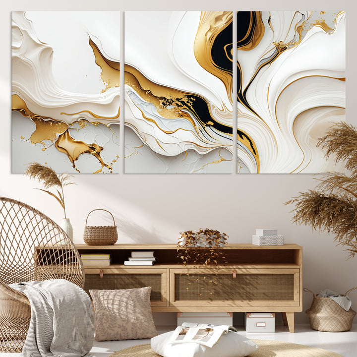 Modern interiors showcase Gold Waves on Pure White Canvas.