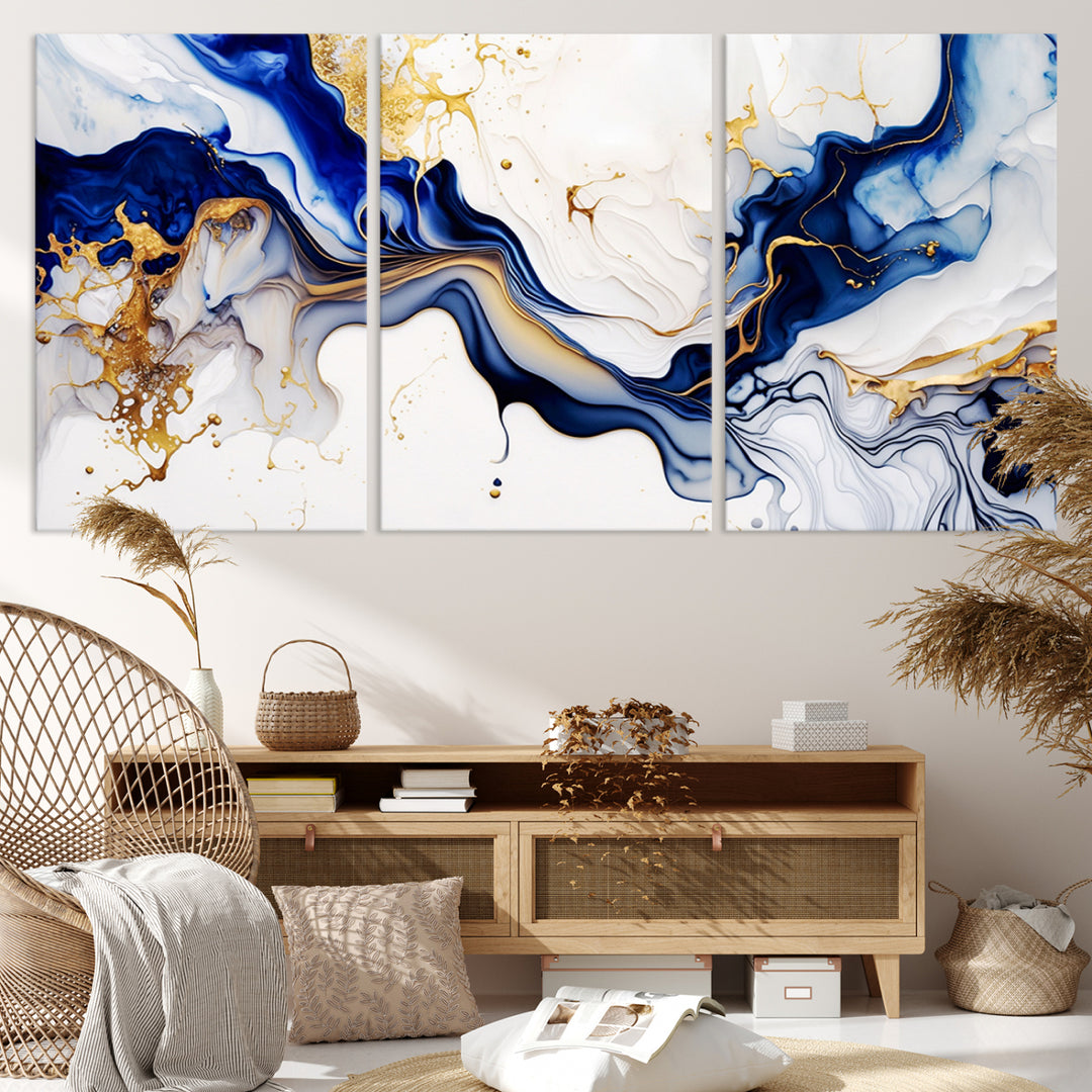 Golden Cascades on Midnight Blue – Abstract Flowing Elegance | Wall Art Canvas, Framed & Ready to Hang