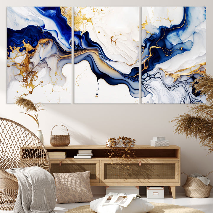 Abstract Geode Gold And Blue Marble Shape 3 Pieces Wall Art Canvas Print