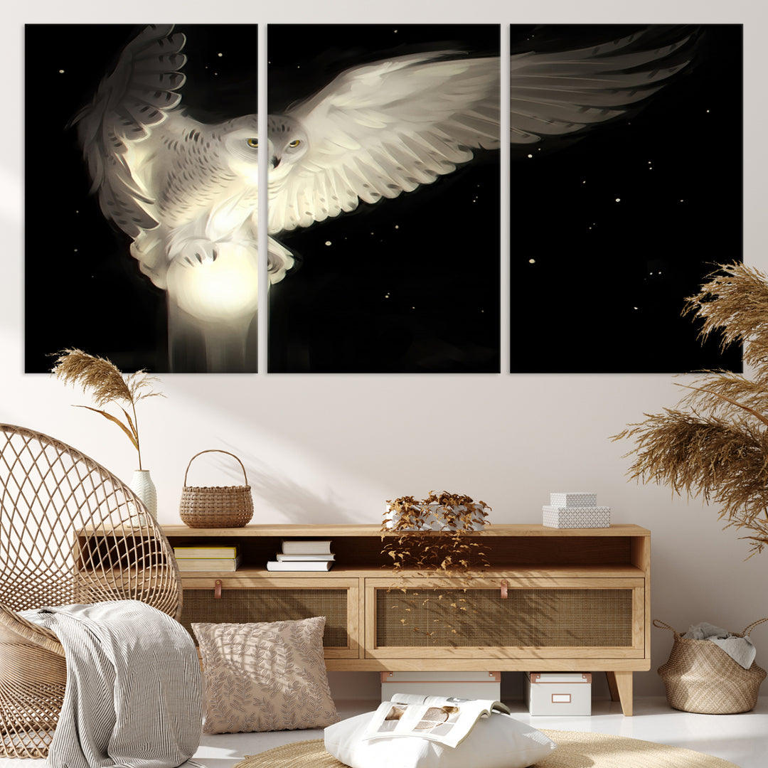 The Night Owl Art graces the wall with its depiction of a snowy owl on a glowing orb, perfect for modern decor.