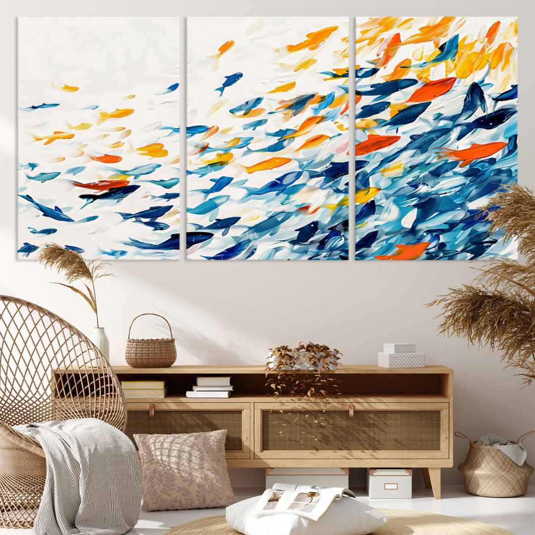 A colorful Abstract Fish Shoal Canvas Print hangs on the wall.