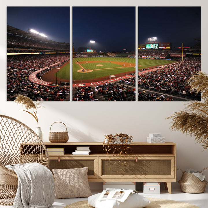 Aerial view of an LA Angels game at night, captured as stunning wall art on premium canvas, handmade in the USA.