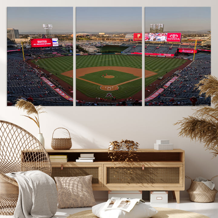 Aerial view of Angel Stadium, perfect as gallery-quality wall art - Los Angeles Angels Canvas Print.