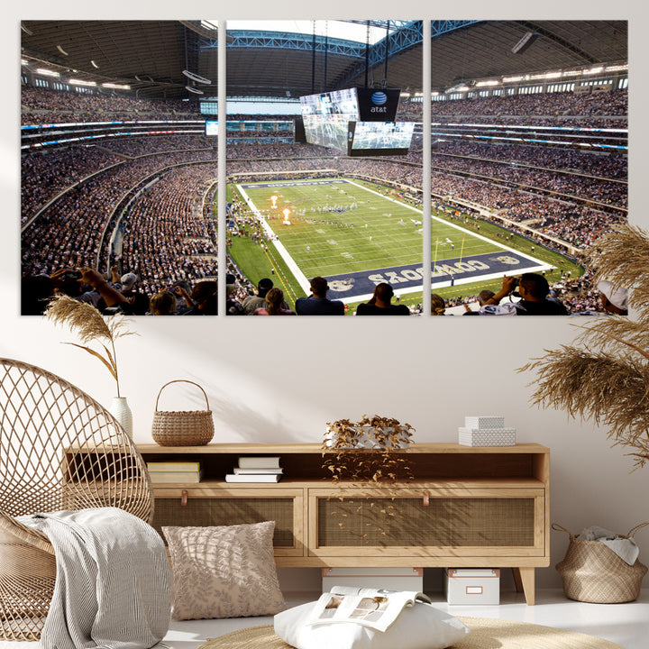 The wall art is a Dallas Cowboys AT&T Stadium Canvas Print, showcasing the iconic logo.