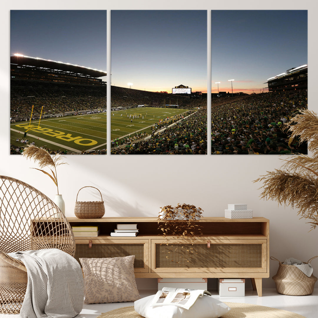 Canvas artwork depicting an Oregon Ducks football game at Autzen Stadium, capturing a sunset and packed stands.