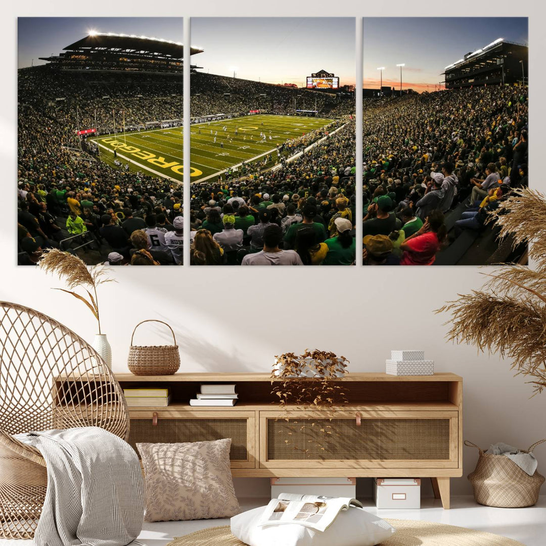 Autzen Stadium Evening Game Triple Canvas Wall Art - Oregon Ducks Football Match