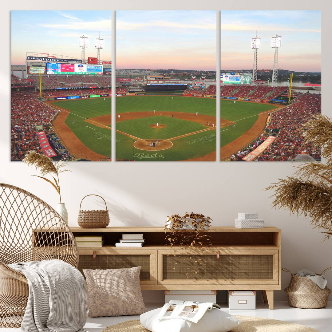 Cincinnati Reds game at sunset: Stadium wall art canvas.