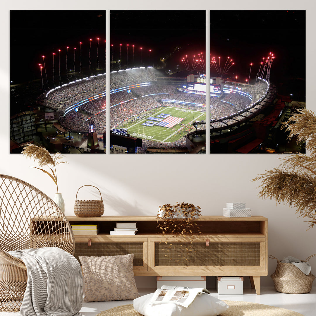 Aerial view of Gillette Stadium with fireworks and flag—ideal for a New England Patriots canvas print.