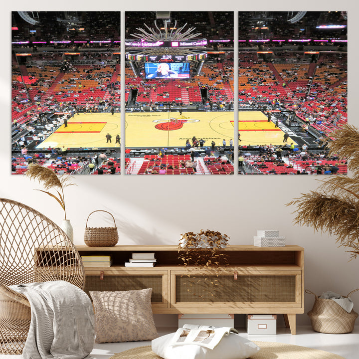 A Miami Heat Basketball Print showcases Kaseya Center Stadium Wall Art with a grand scoreboard.