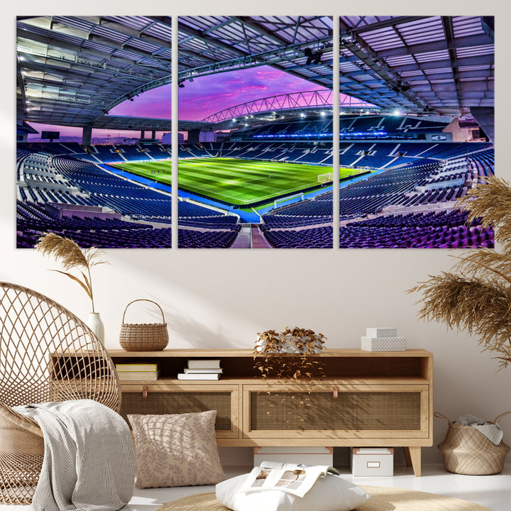 The FC Porto Soccer Team Dragon Stadium Wall Art Canvas Print decorates the room.