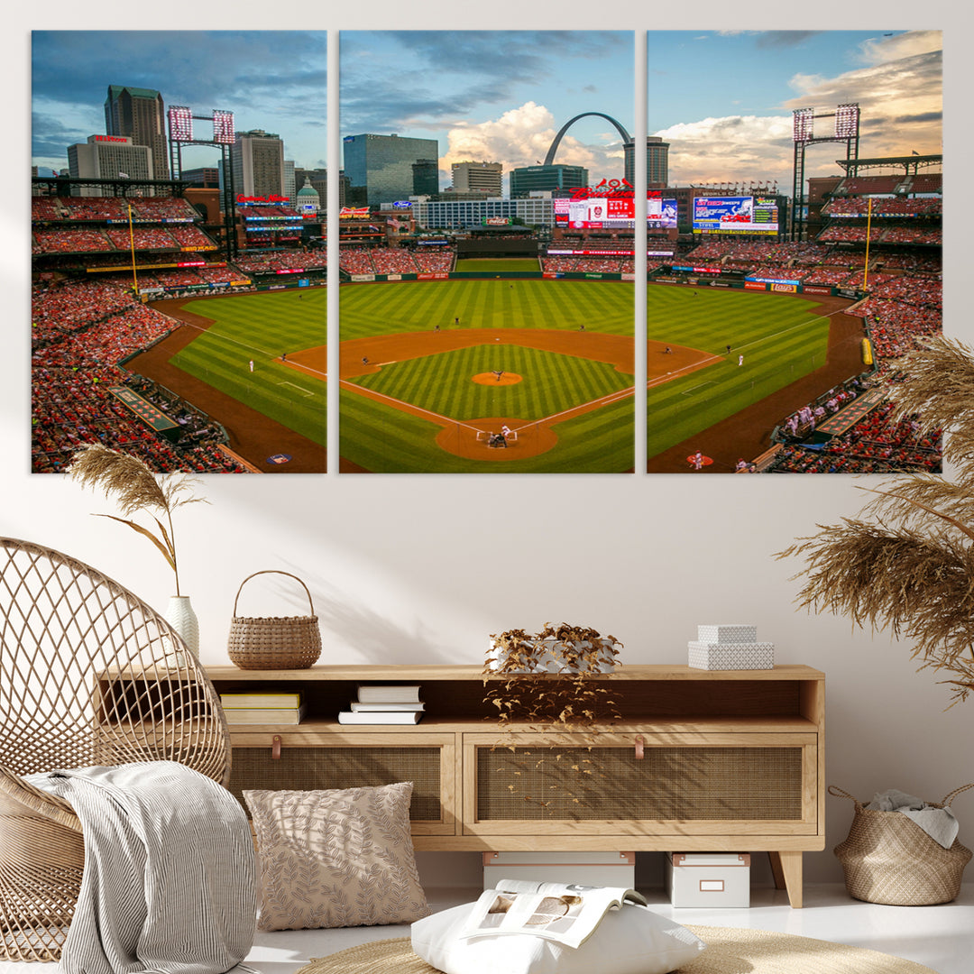 Canvas art of the St. Louis Cardinals Busch Stadium, capturing the citys skyline.