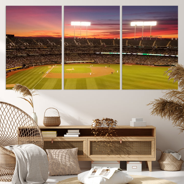 The Oakland Coliseum print is a museum-quality canvas depicting a full crowd and a sunset.