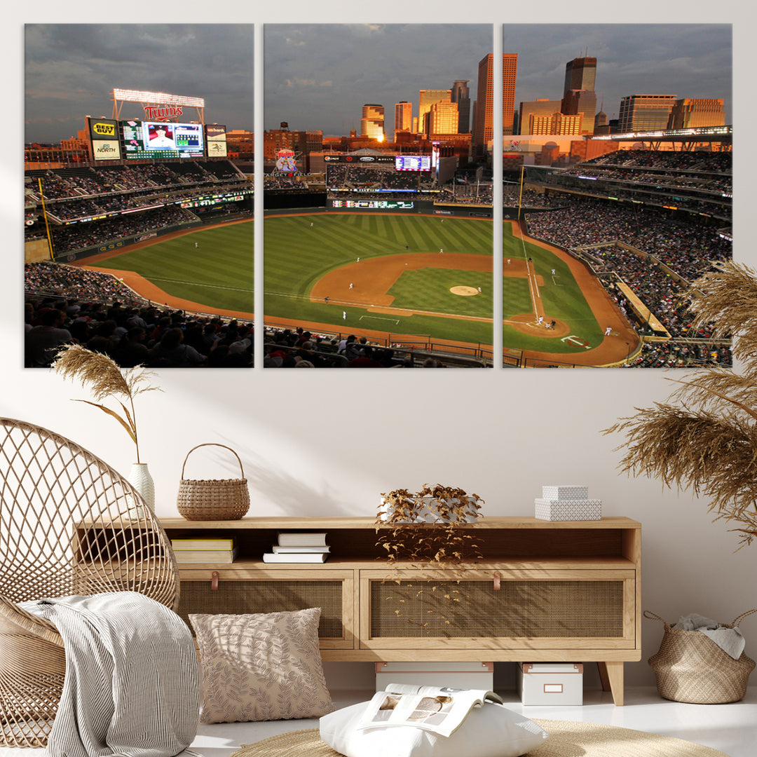 Baseball at Target Field, sunset game, city skyline view.