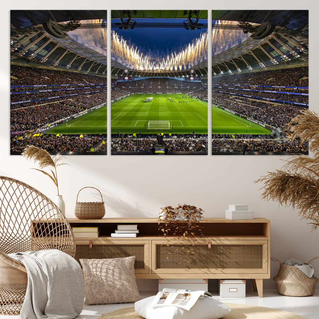 A stunning Tottenham Hotspur Stadium wall art captures the energy of a stadium packed with fans and vibrant lights.