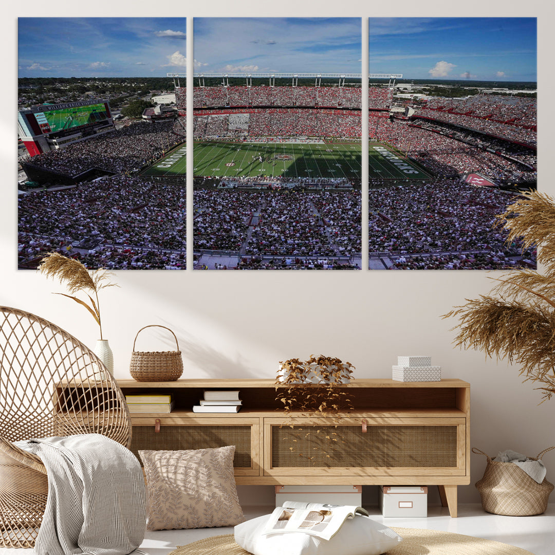 The wall art is a South Carolina Gamecocks print, showcasing Williams-Brice Stadium from a distance under clear skies.