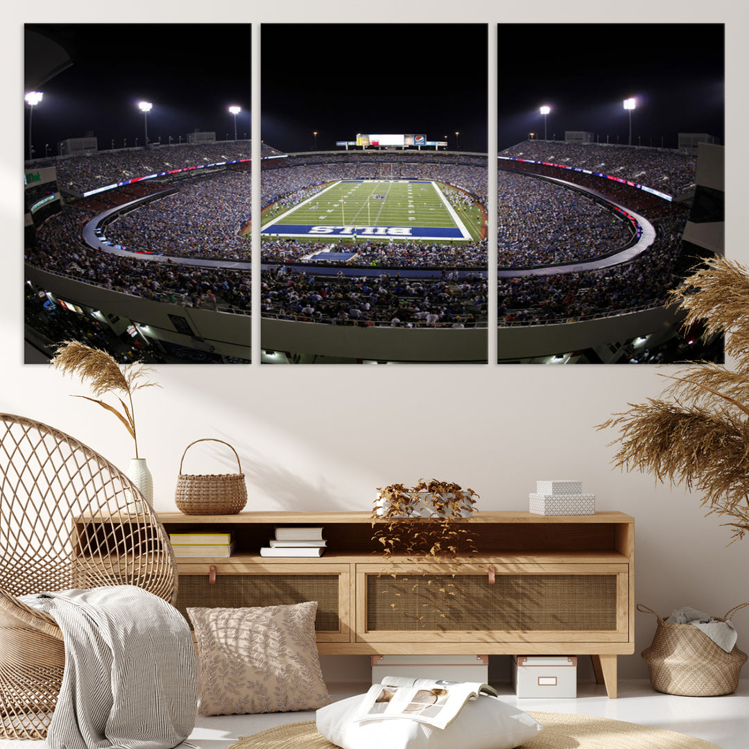 The Buffalo Bills NFL Highmark Stadium at night print captures the bright lights, conveying an exhilarating atmosphere.