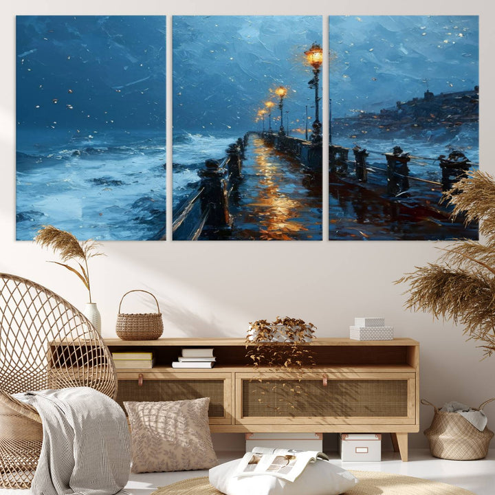 Framed 3-Panel Seaside Night Pier Oil Painting Canvas Wall Art | Ready to Hang Coastal Landscape Art for Modern Living Room, Office, or Bedroom Decor