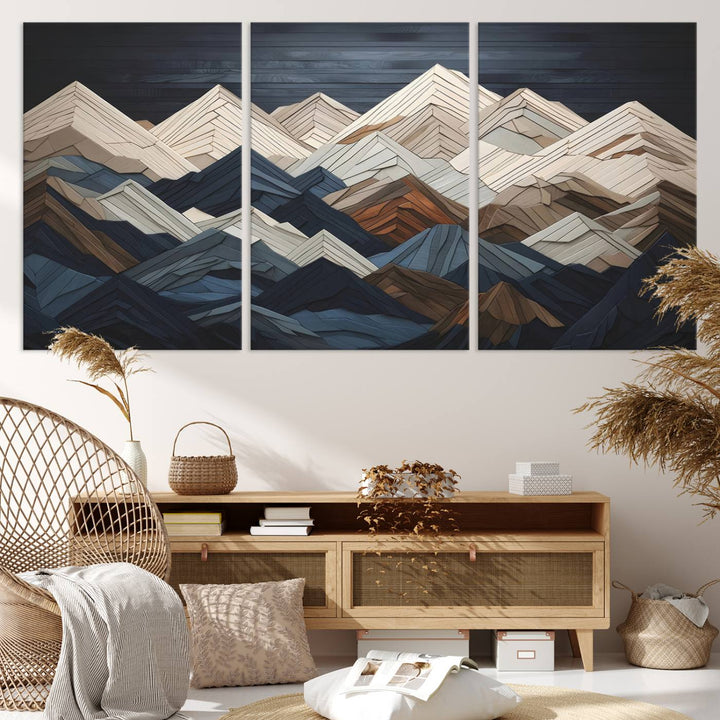 Wood Style Mountain Range Wall Art - Ready to Hang 3-Piece Set for Modern Rustic Decor, Abstract Wooden Design for Living Rooms, Bedrooms & Offices