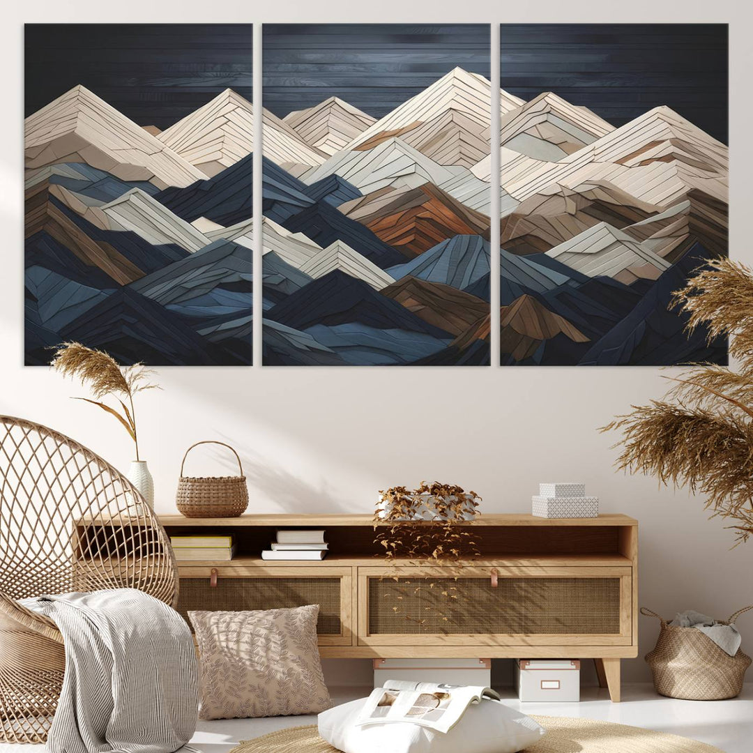 Geometric Wood Mountain Wall Art | Wood-Inspired Canvas Print | Ready to Hang for Cabin Decor