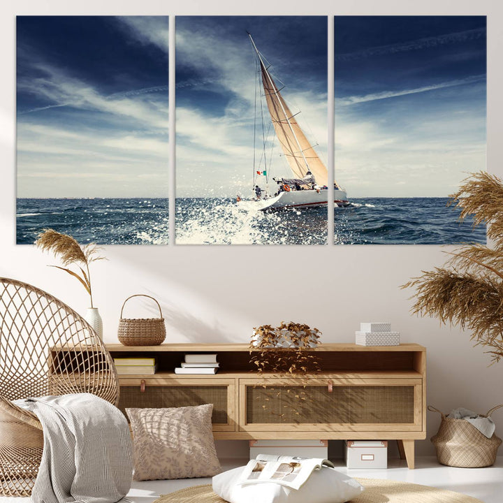 Sailboat Ocean Beach Blue Sky Wall Art Canvas Print