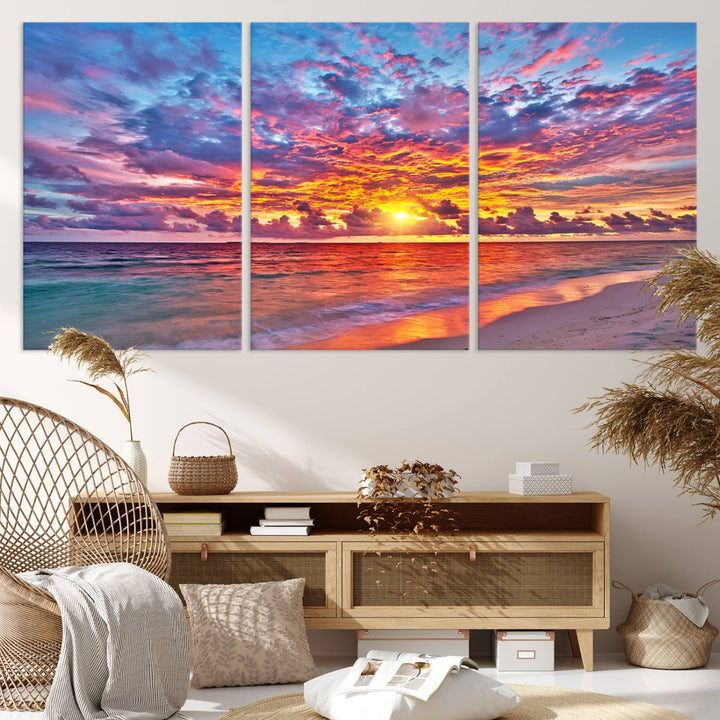 Vibrant Sunset Beach Wall Art | Ocean Sunset Canvas Print | Coastal Wall Art Decor | Ready to Hang | Stunning Sunset Scene for Home or Office Decor