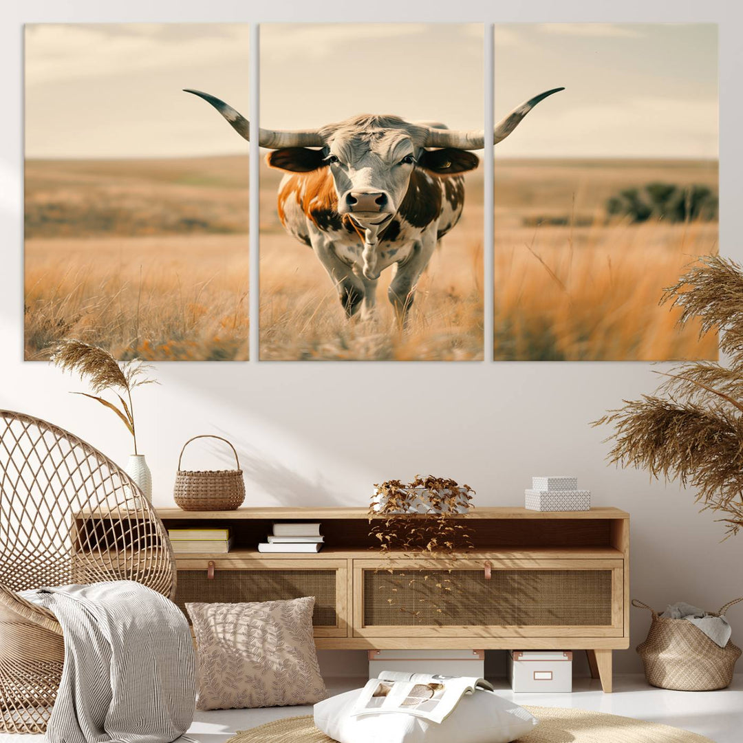 The Texas Cow Longhorn Wall Art Canvas adds rustic charm to the decor.