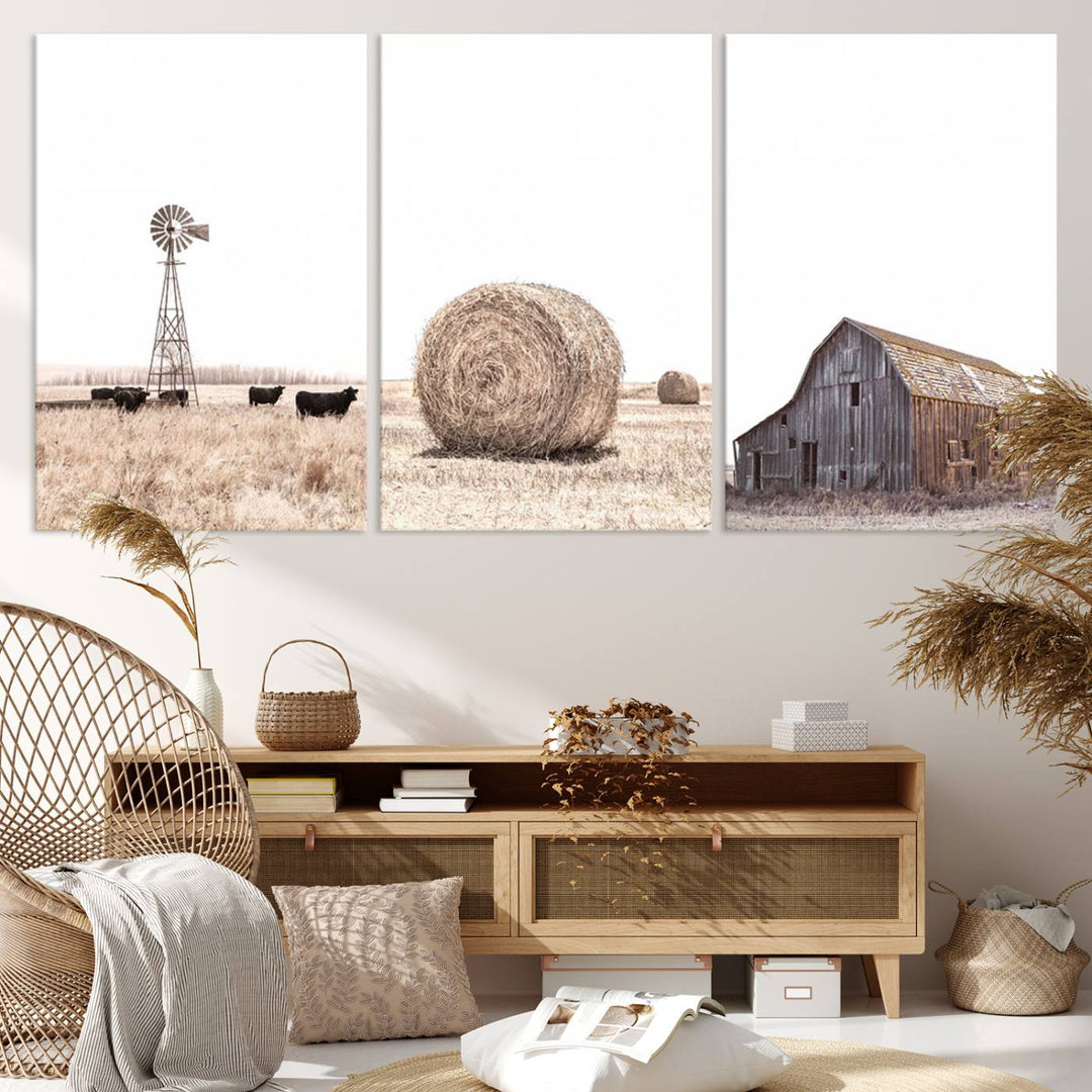 Above the couch, a Rustic Farmhouse Wall Art set depicts a barn and wheat field.