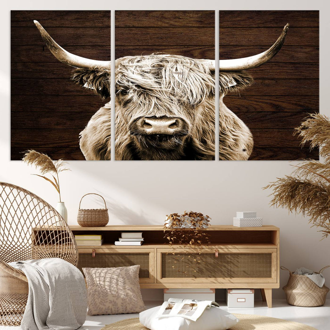 Highland Cow Wall Art Canvas Print: Majestic Scottish bull on rustic decor, ready to hang.