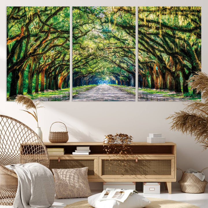 Serene Tree Tunnel Wall Art Canvas Print – Pathway Under Canopy of Lush Green Trees, Nature-Inspired Decor for Living Room – Ready to Hang