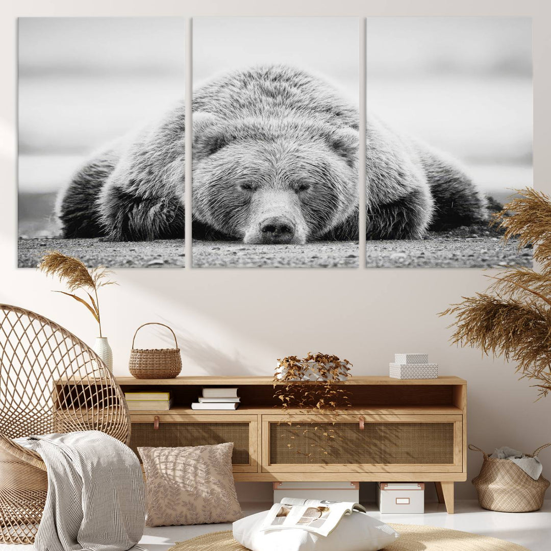 Resting Bear Wall Art Canvas Print – Majestic Lazy Black and White Wildlife Bear Art, Perfect for Nature-Inspired Home Decor – Ready to Hang