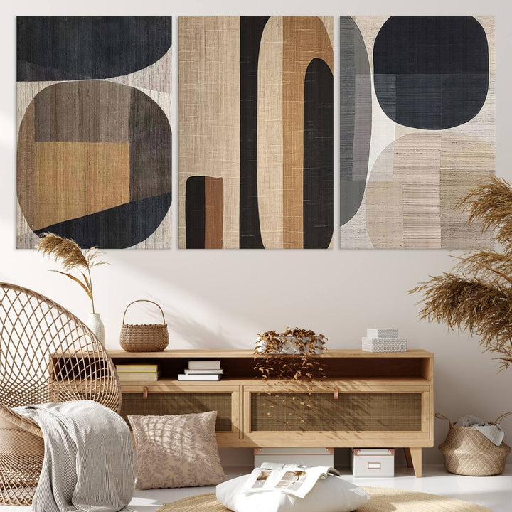 A stylish living room exuding modern elegance features the Abstract Minimalist Canvas Wall Art in a neutral geometric design.