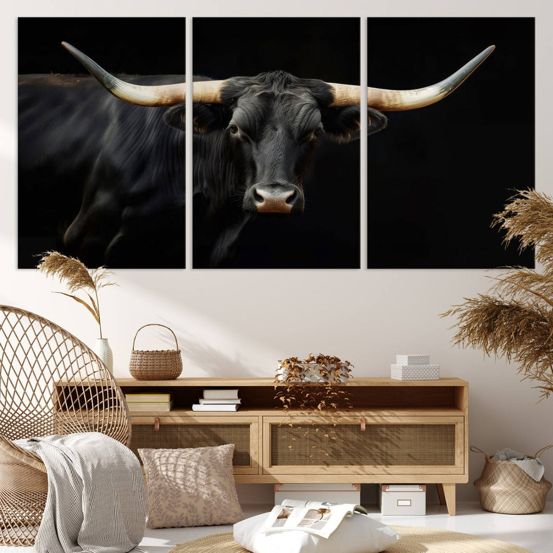 Texas Longhorn Cow | Majestic Black Bull Wall Art Canvas Print - Farmhouse Animal Decor - Ready to Hang