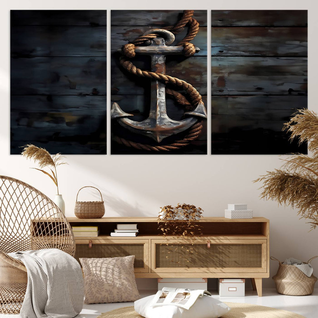 The wooden wall displays a 3 Panel Grunge Abstract Anchor Wall Art Canvas Print Set.