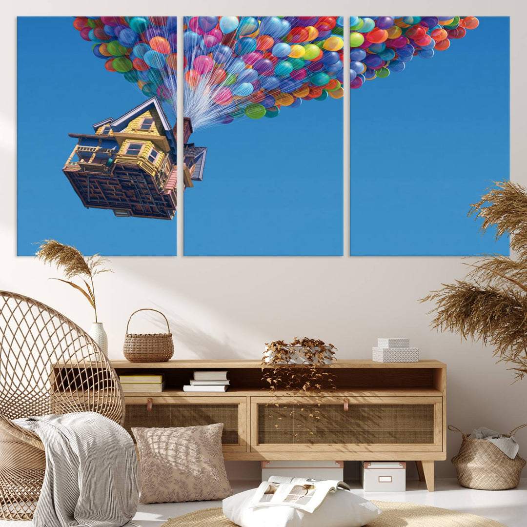 The "Carl Fredricksen, Up Movie Wall Art" features a three-panel design with a house lifted by colorful balloons, adding whimsical decor to any space.