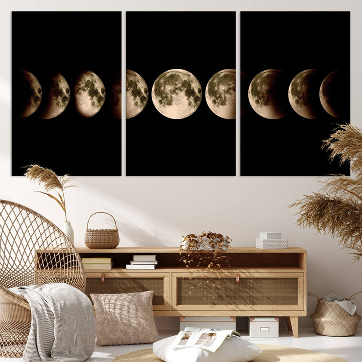 The "Phases of the Moon Wall Art" canvas print elegantly hangs on the wall.