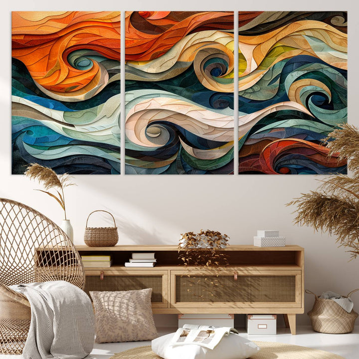 Abstract Wave Wall Art is a ready-to-hang framed canvas print featuring swirling orange, blue, and white patterns. It's perfect for adding vibrant decor to modern spaces.