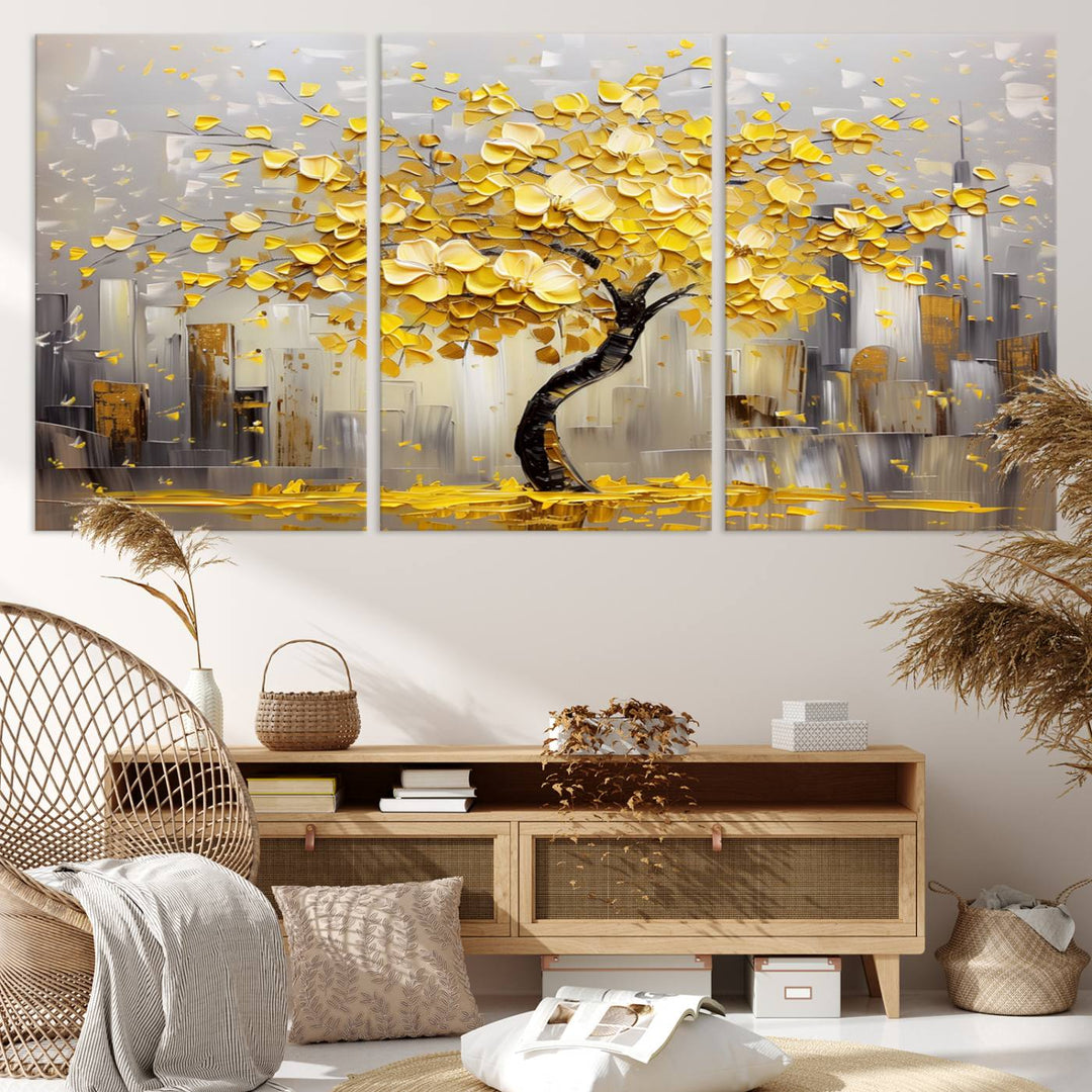 A framed canvas print from the "Golden Tree Canvas Print | Abstract Wall Art for Modern Homes | Ready to Hang Framed Artwork" collection hangs elegantly against the dark wall, epitomizing exquisite abstract wall art.