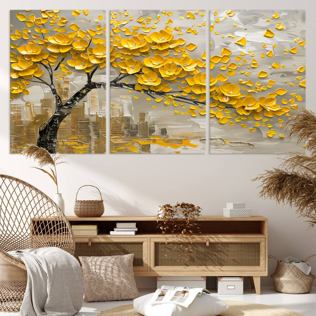 Yellow Blossom Tree Canvas Wall Art, featuring a floral abstract modern design, is elegantly displayed against a dark wall. This sophisticated piece enhances the contemporary aesthetic of the space.