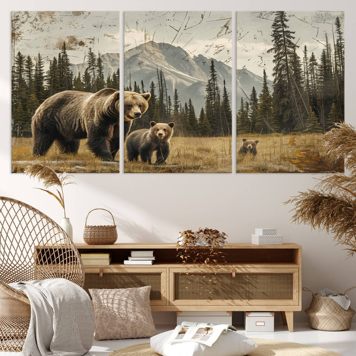 Displaying the Rustic Grizzly 399 Bear Family Wall Art Canvas Print in a modern living space adds remarkable charm. This triptych piece showcases a bear family in the forest, printed on museum-quality canvas and ready to hang, seamlessly enhancing your decor with its striking detail and elegance.