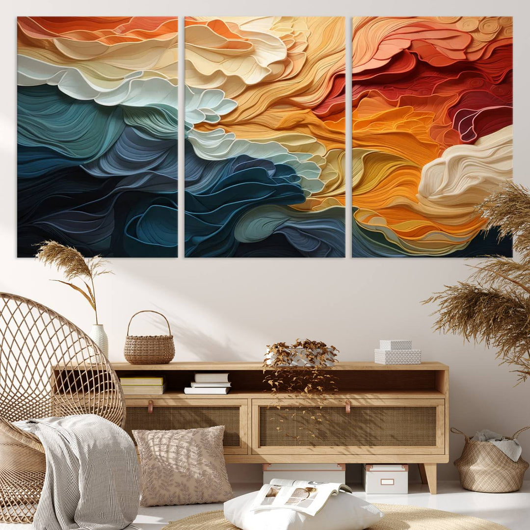 A Blue Orange Abstract Wave Wall Art Canvas Print adorns the wall. This colorful masterpiece is professionally hand-assembled to enhance any space.