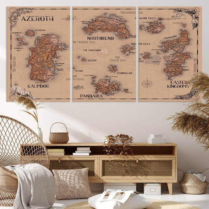 The Vintage Azeroth World Map Canvas Print, a stunning three-piece set, enhances the space with its vintage charm, perfectly complementing your gaming decor.