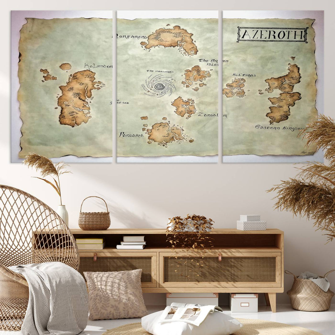 The Azeroth World Map Wall Art Canvas Print, a three-panel vintage piece, brings a cozy fantasy gaming atmosphere to the room.