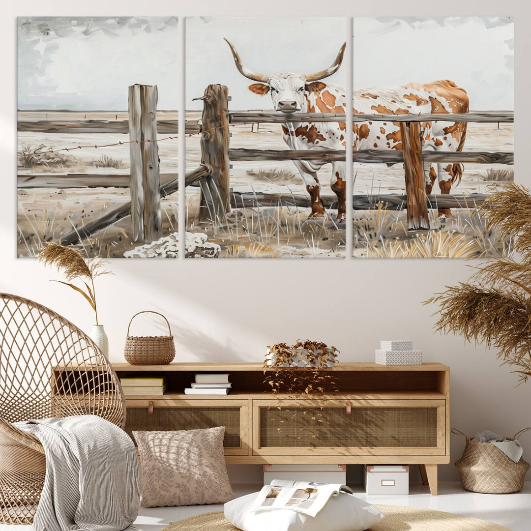 The Abstract Longhorn Cow Wall Art, a ready-to-hang framed canvas print, adds rustic charm and perfectly captures the essence of rural elegance.